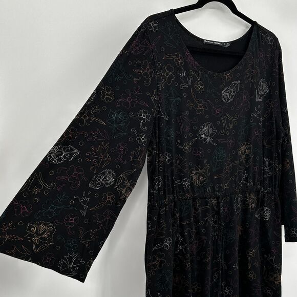 GUDRUN SJODEN Black Colorful Floral Lagenlook Wide Sleeve Waist Tie Dress Large - Picture 5 of 7